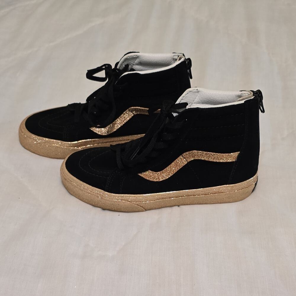 VANS Sk8-Hi Kids US 3 Black/Gold Glitter High Top Lace-Up Zip
